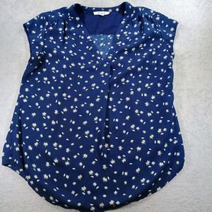 Monday Fun Womens Daisy Print V-Neck Blouse Blue Medium Cap Sleeve Floral Top